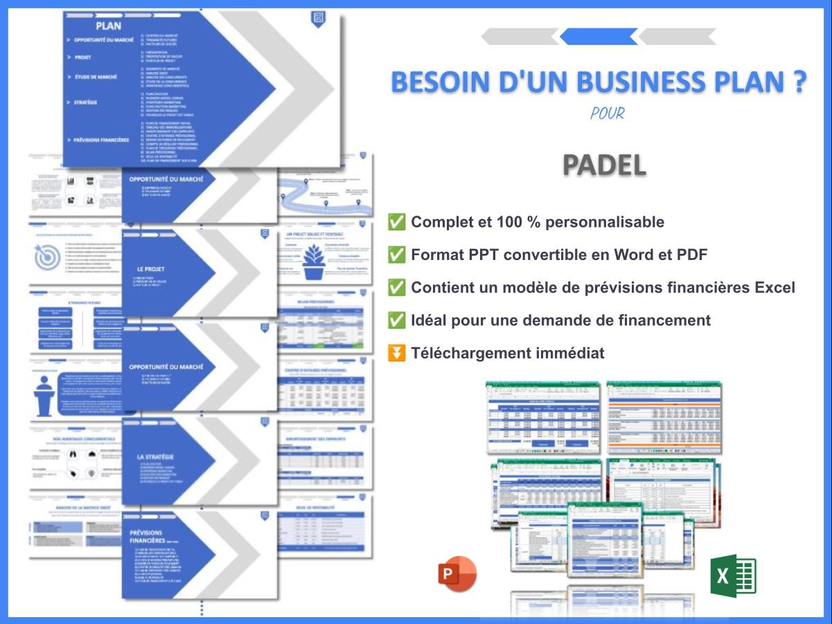 Modèle de business plan pour padel avec aperçu des sections et tableaux financiers Excel.