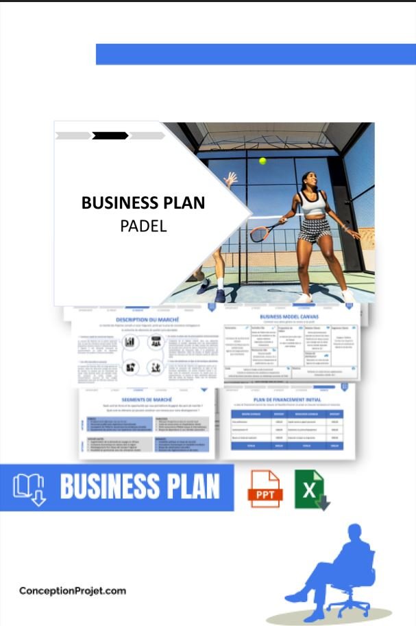 Document téléchargeable de business plan pour padel avec image de joueurs et exemples de tableaux financiers.