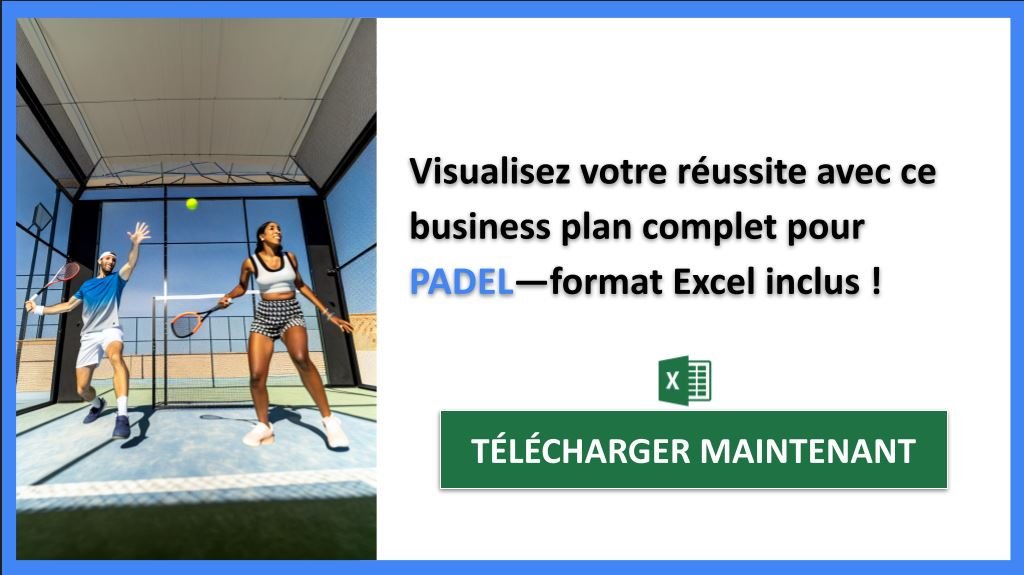 Joueurs de padel en action avec bannière promotionnelle de business plan téléchargeable.