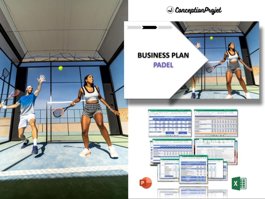 Présentation professionnelle d'un business plan pour padel avec aperçu des joueurs et tableaux financiers.